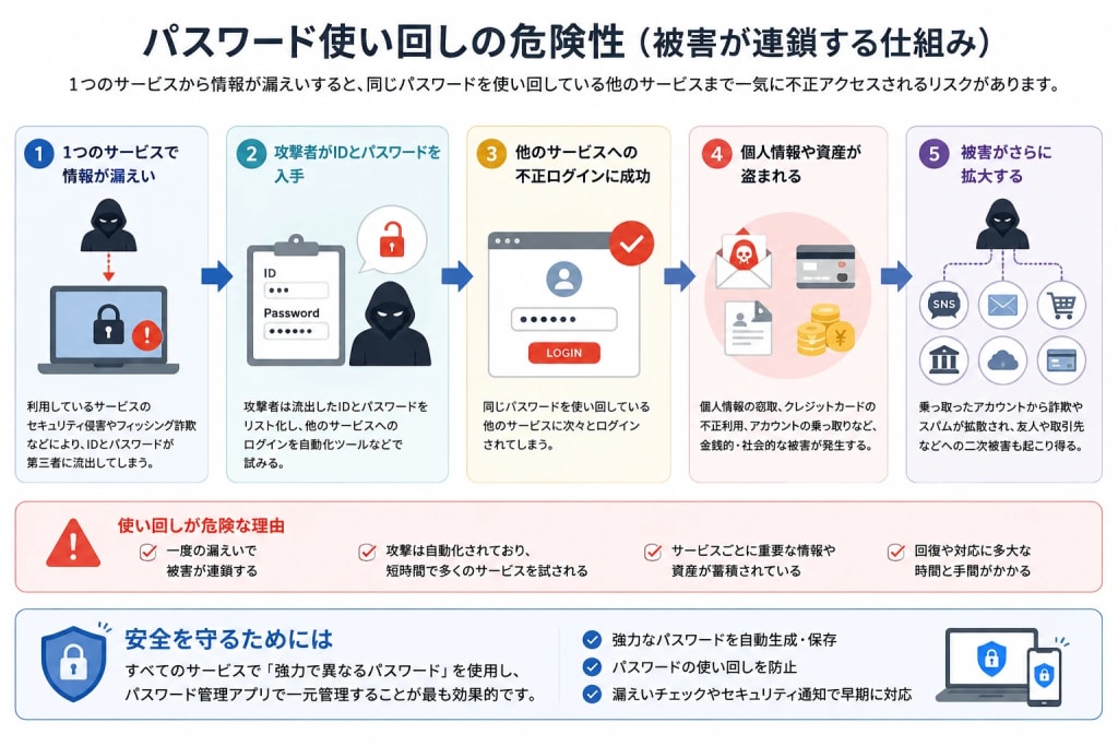 パスワード使い回しの危険性(被害が連鎖する仕組み)の図